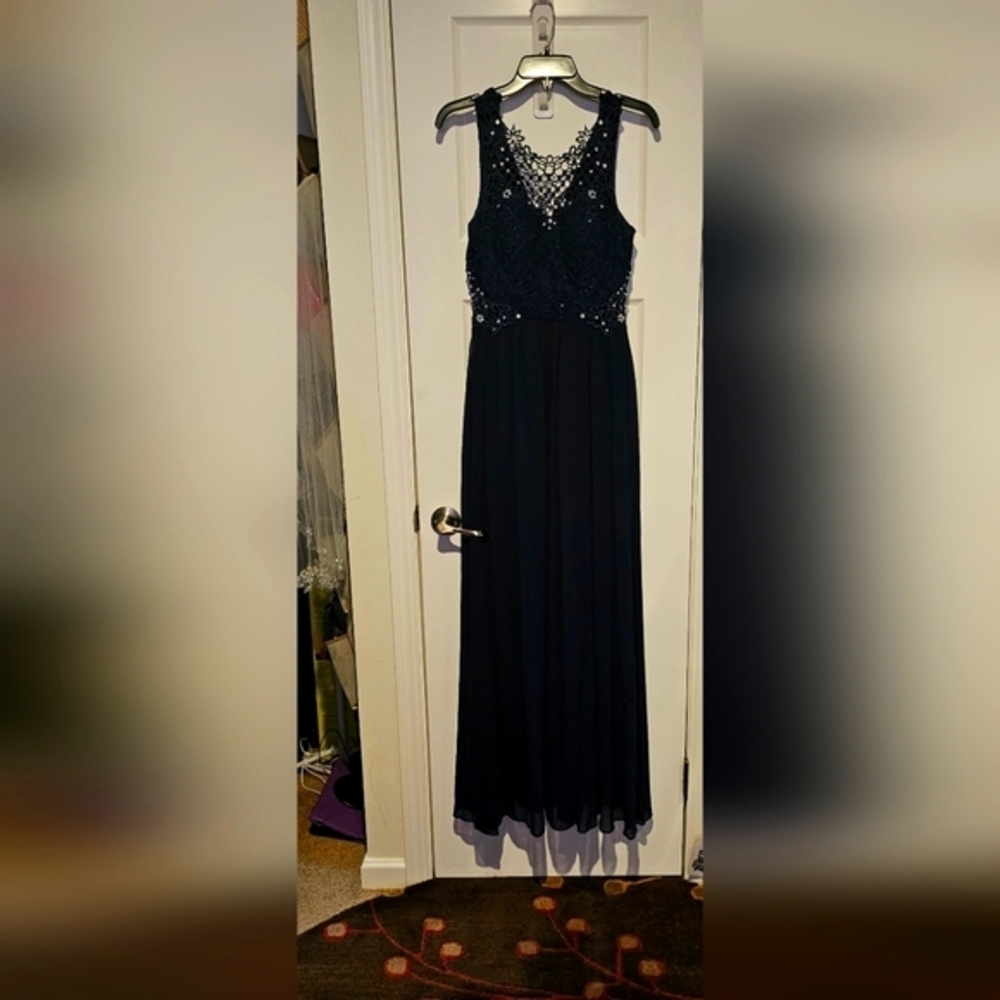 CITY STUDIO SZ 7 DARK BLUE CUTOUTS FLOOR LENGTH DRESS